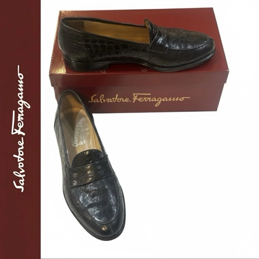 Salvatore Ferragamo Black Alligator Leather Shoes Size 8.5 D Made in Italy SALVATORE FERRAGAMO Crocodile Alligator Leather Shoes 8.5 US  main image 2